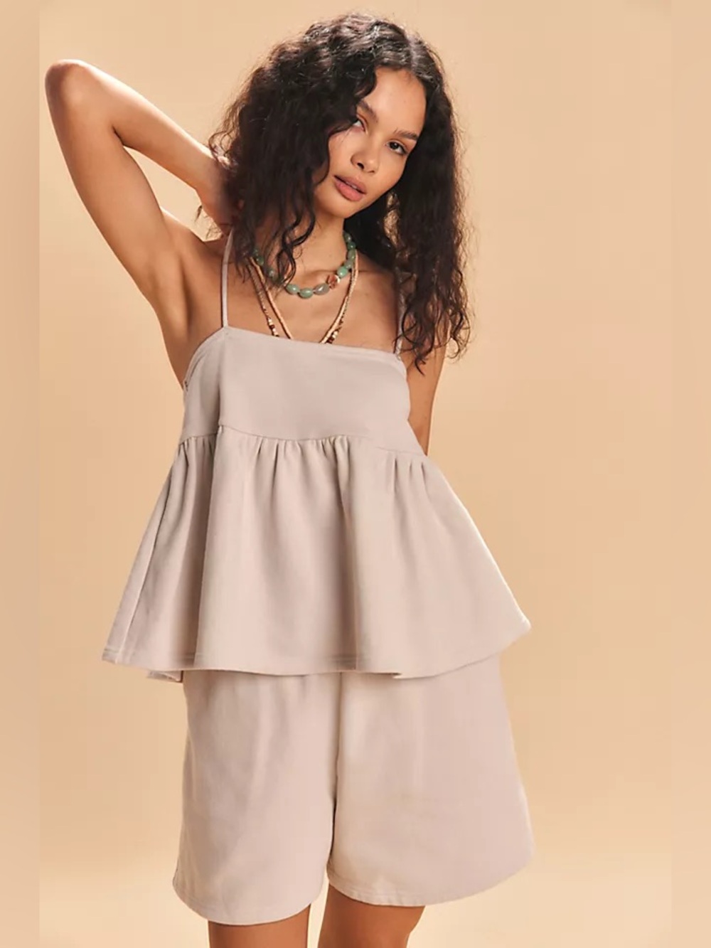 NEW Set! Free People Stella Terry Beige Strappy Tank and Shorts Set Size L